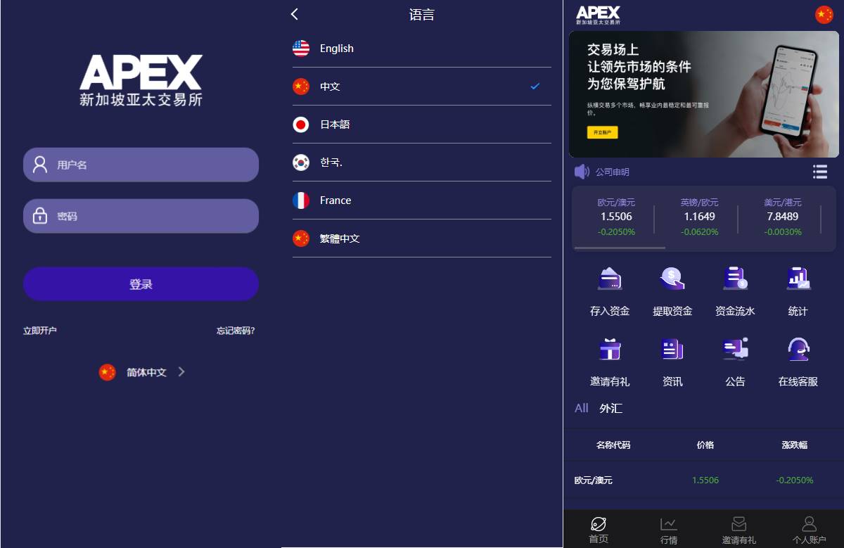 海外APEX新UI多语言微盘外汇系统/时间盘微盘源码