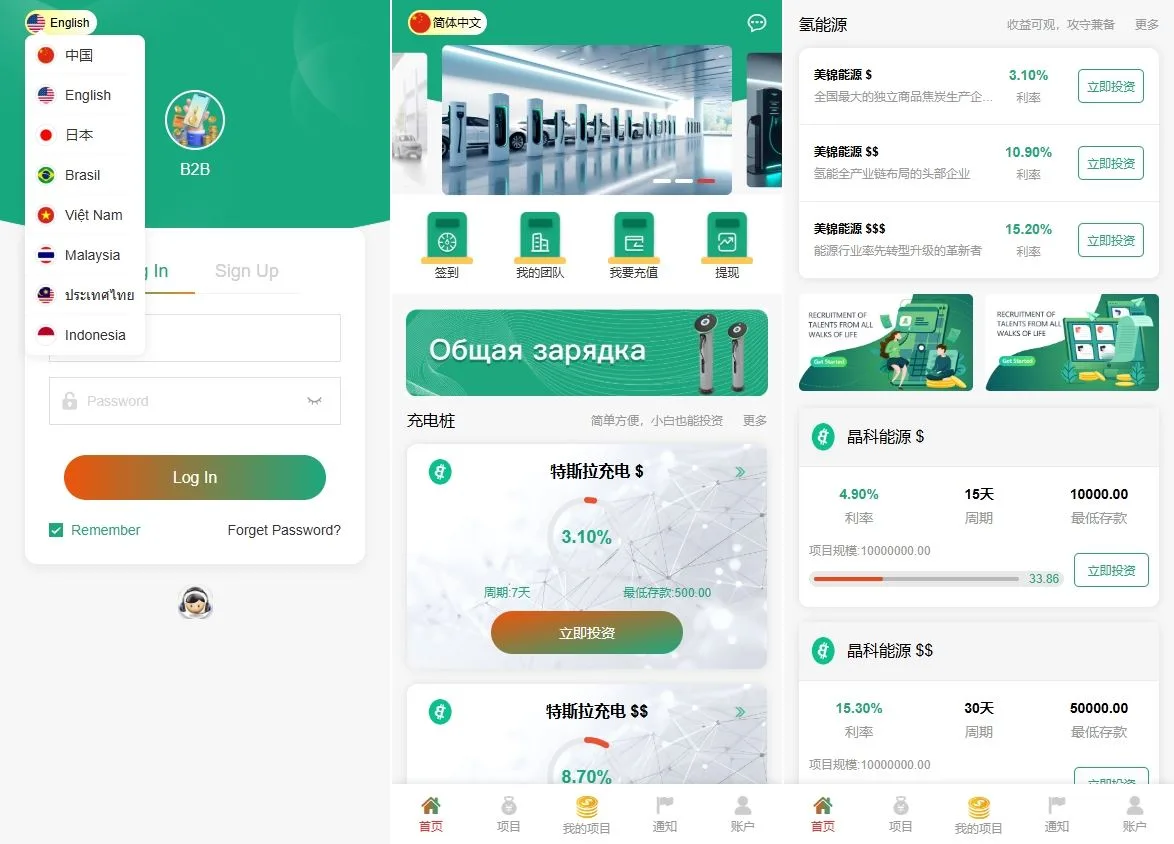 【海外多语言新能源理财】新UI新能源充电桩投资系统/海外投资理财/前端VUE后端php